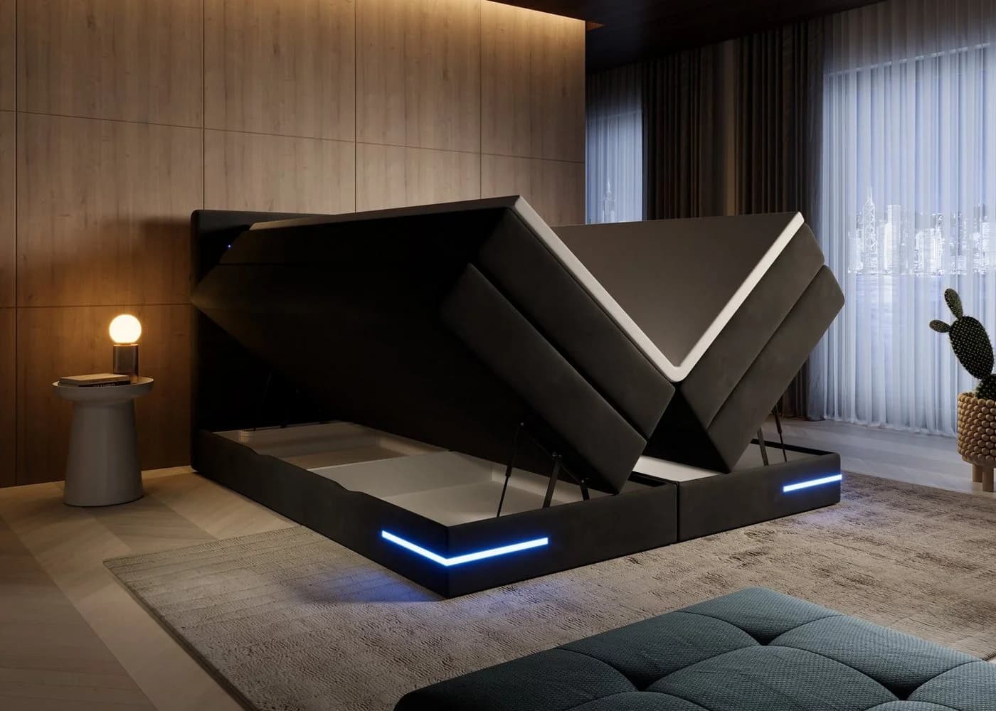 wonello Boxspringbett Detroit Samt Schwarz mit LED Beleuchtung und Bettkasten