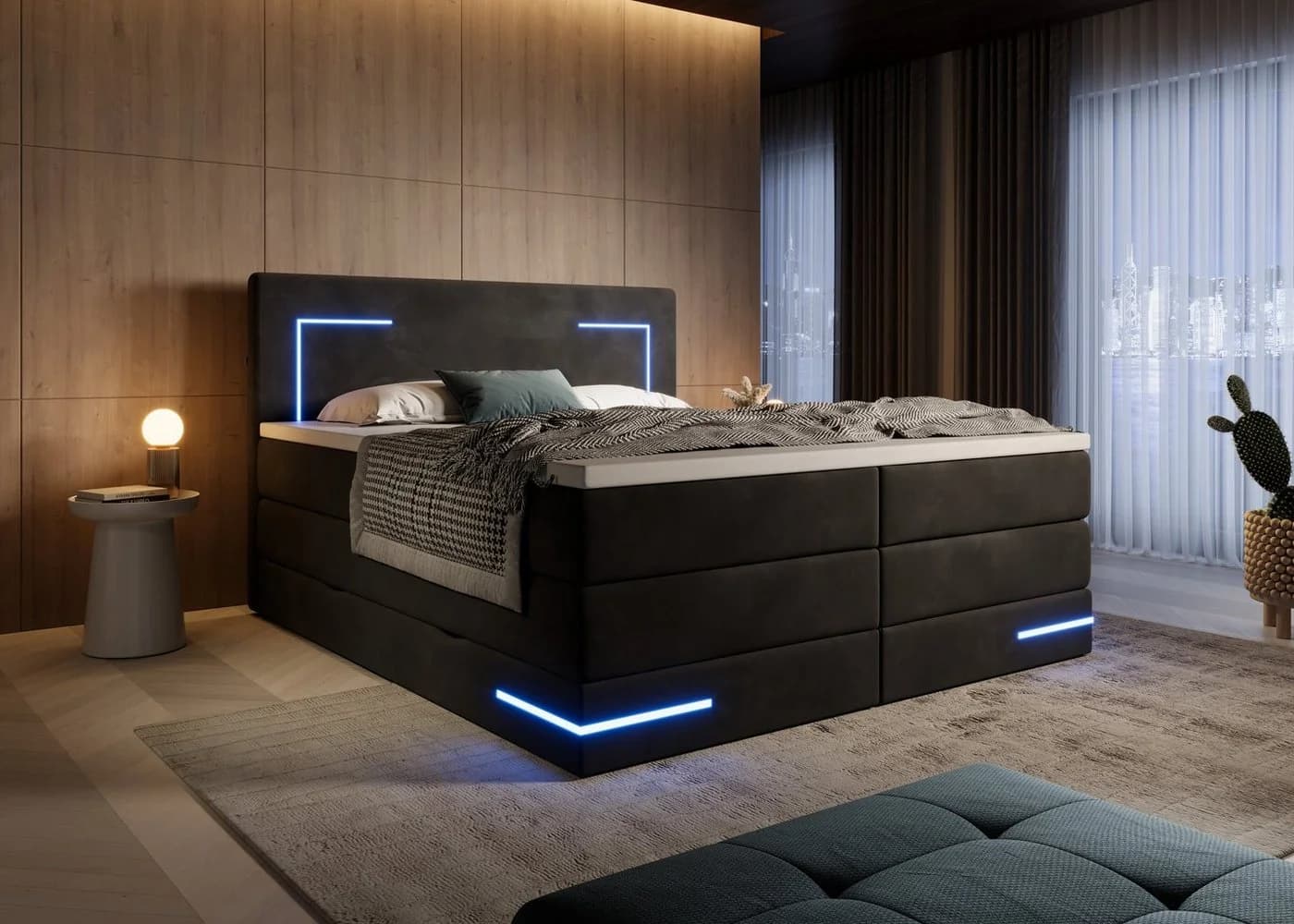 wonello Boxspringbett Detroit Samt Schwarz mit LED Beleuchtung und Bettkasten - Bild 2