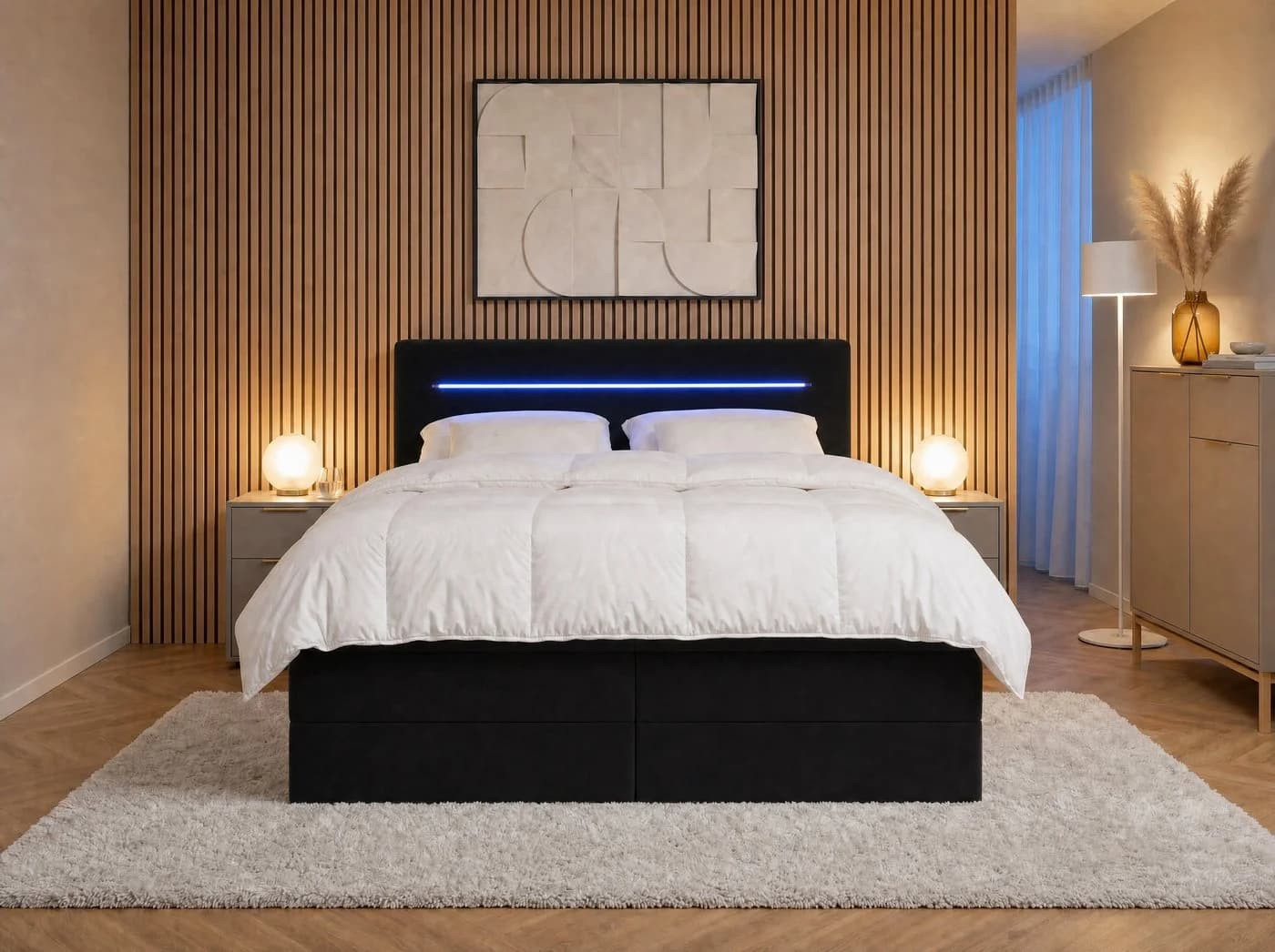 wonello Boxspringbett Brooklyn Samt Schwarz mit LED Beleuchtung und Bettkasten