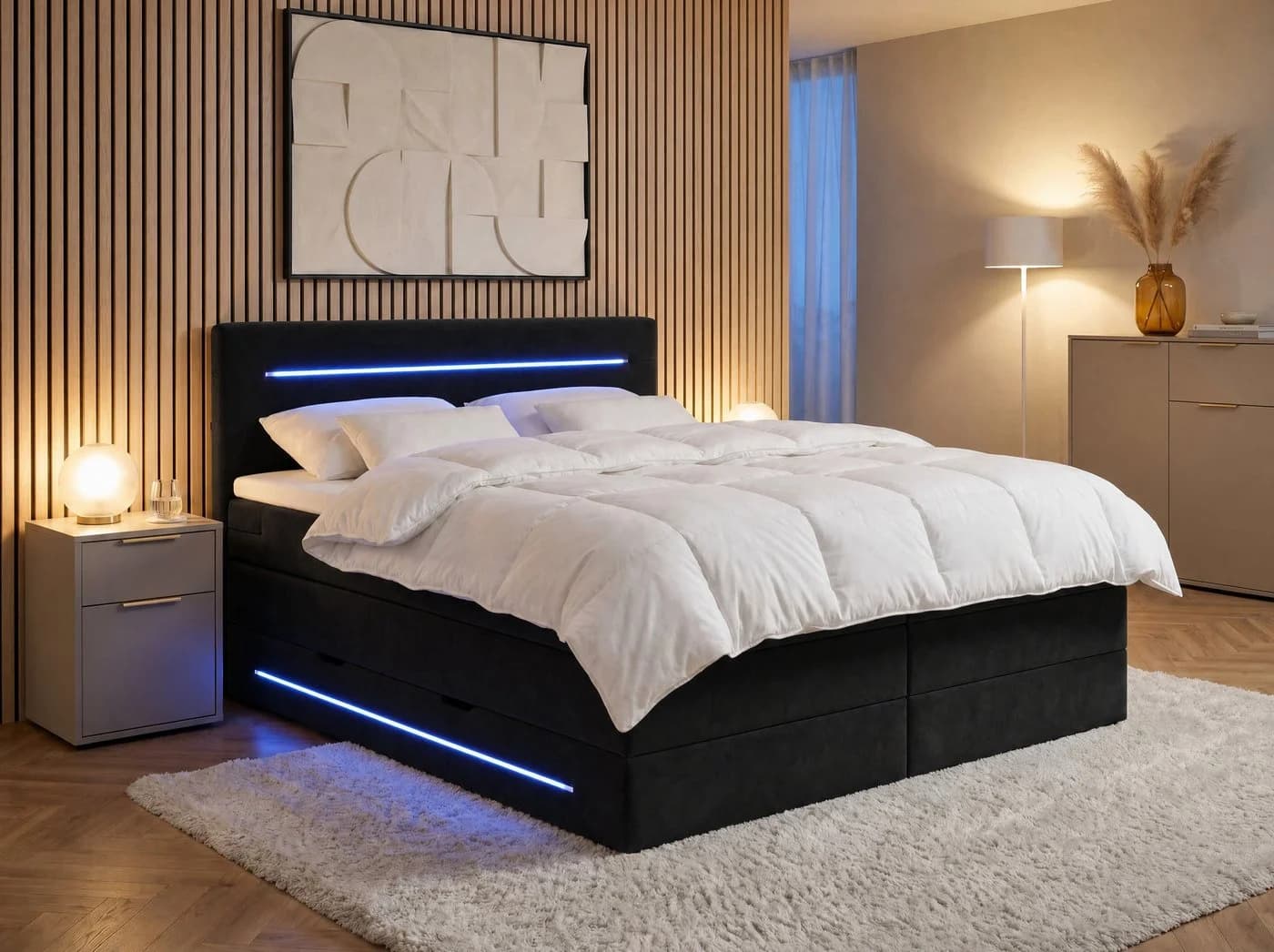 wonello Boxspringbett Brooklyn Samt Schwarz mit LED Beleuchtung und Bettkasten - Bild 2