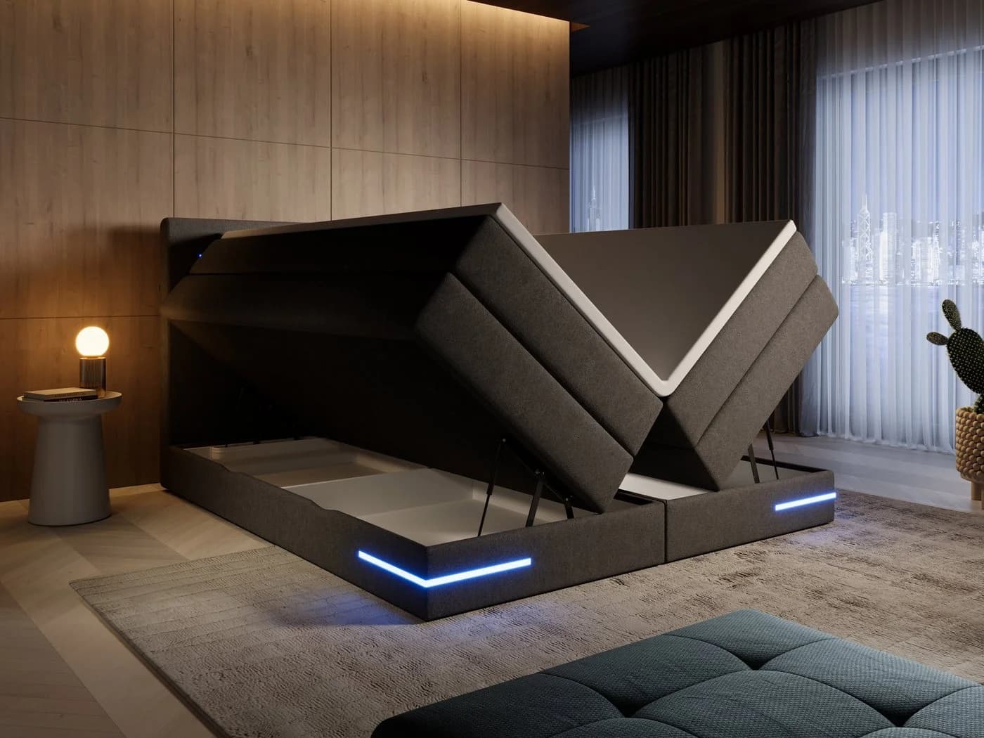 wonello Boxspringbett Detroit mit LED-Beleuchtung und Bettkasten