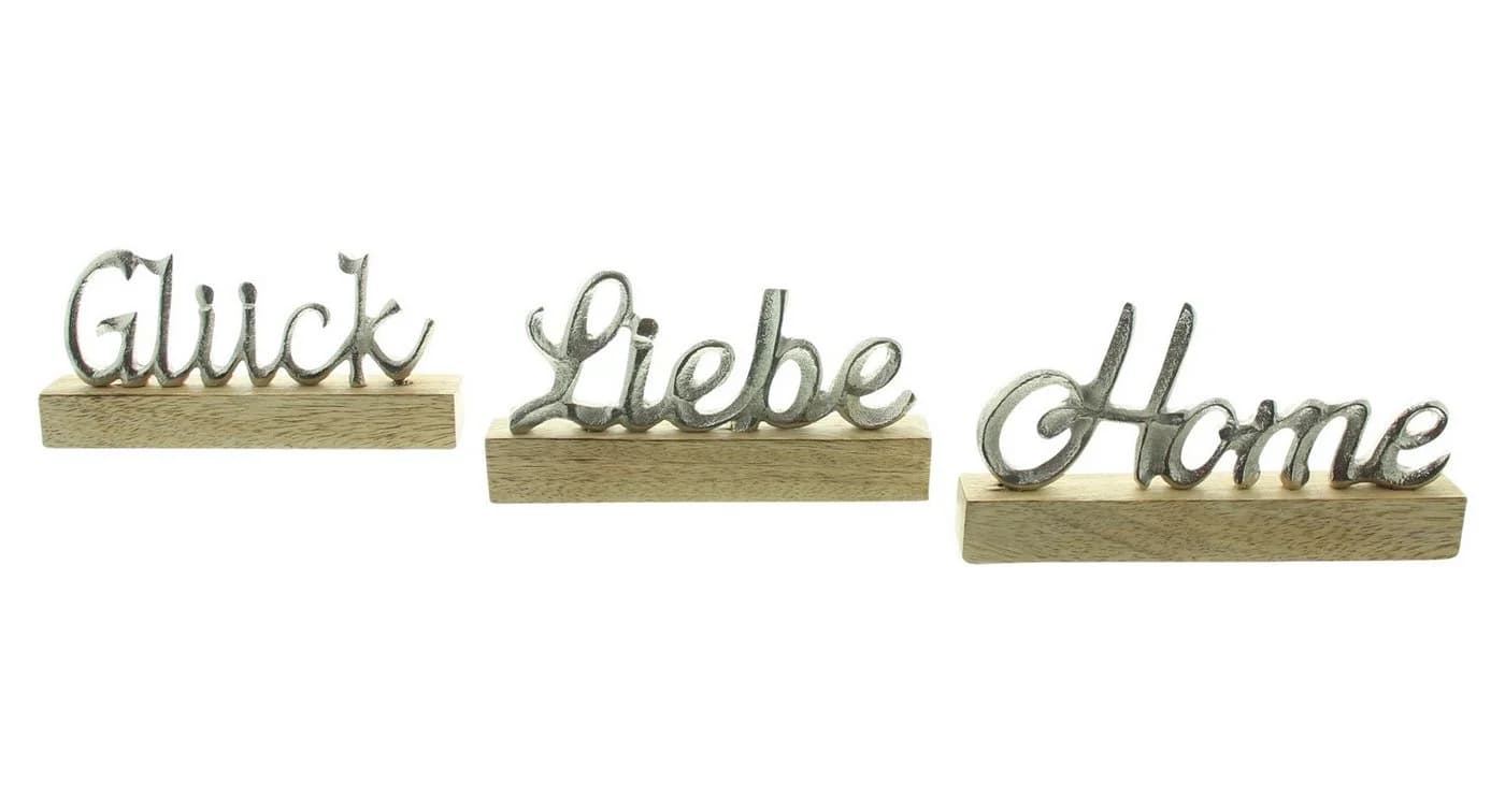 Dekoleidenschaft Deko-Schriftzug "Liebe, Home & Glück" aus Aluminium in Silber & Sockel aus Mangoholz