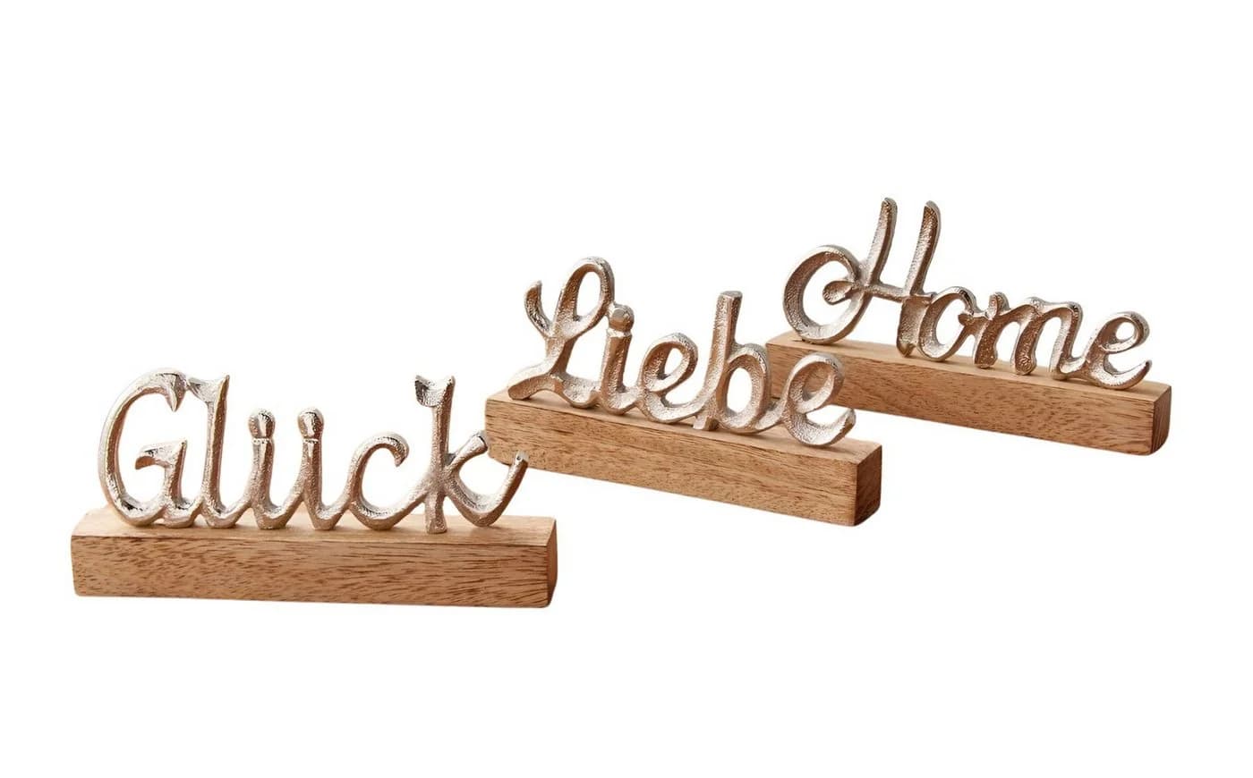 Dekoleidenschaft Deko-Schriftzug "Liebe, Home & Glück" aus Aluminium in Silber & Sockel aus Mangoholz - Bild 2