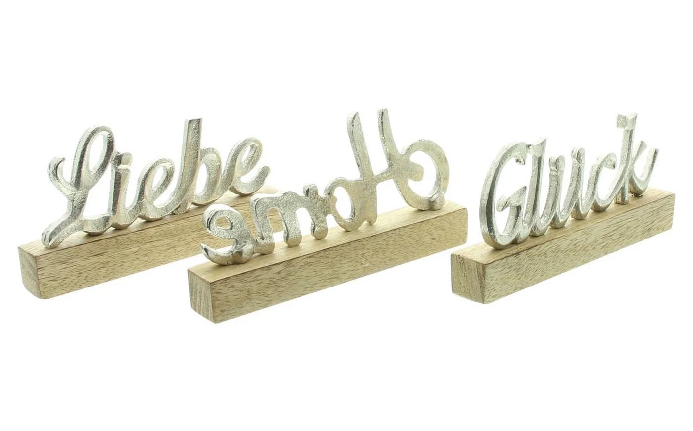 Dekoleidenschaft Deko-Schriftzug "Liebe, Home & Glück" aus Aluminium in Silber & Sockel aus Mangoholz - Bild 3