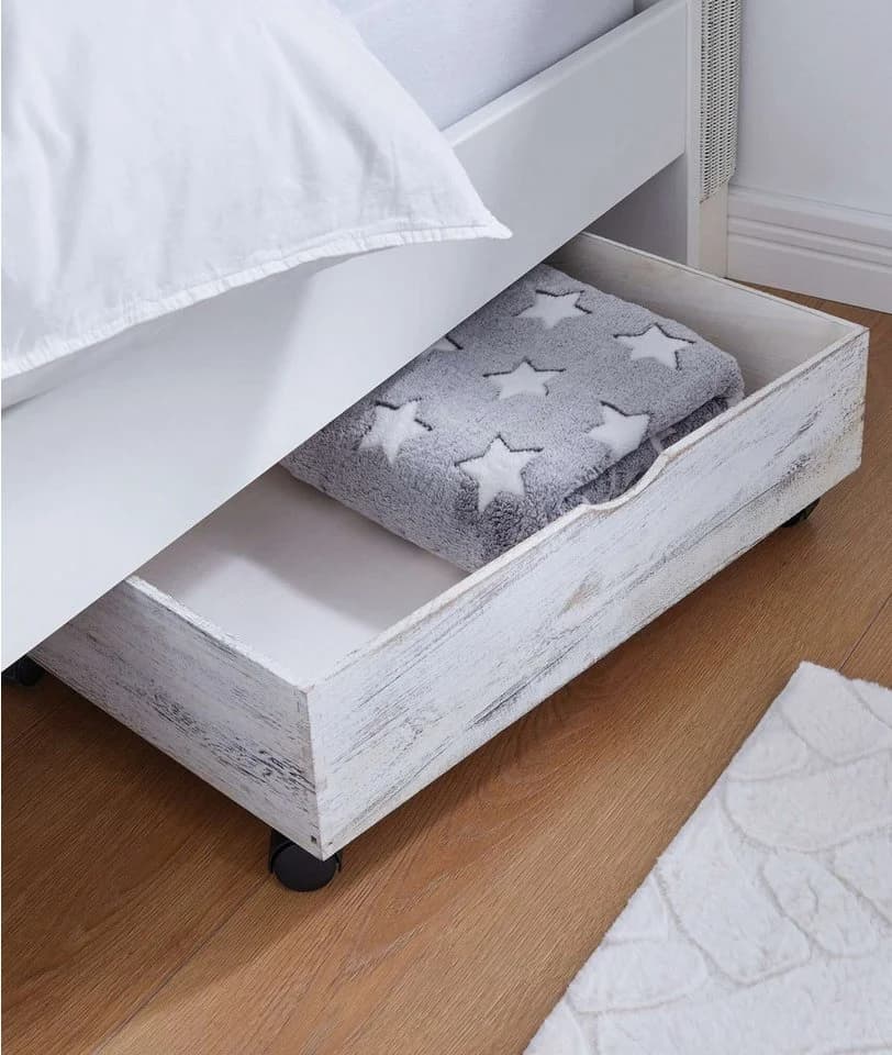 Dekoleidenschaft Bettschubkasten Shabby Weiß mit Rollen