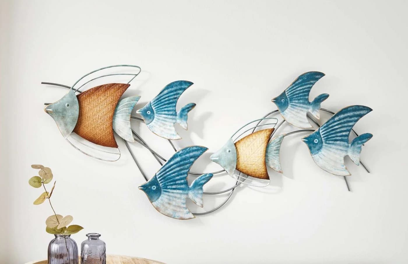 Dekoleidenschaft Wanddeko Fischschwarm 3D Metall Blau/Braun/Gold
