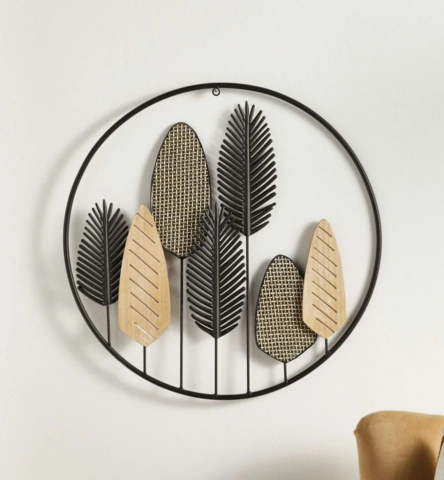 Dekoleidenschaft Wandbild Blätter Metall Schwarz & Holz Ø 56 cm