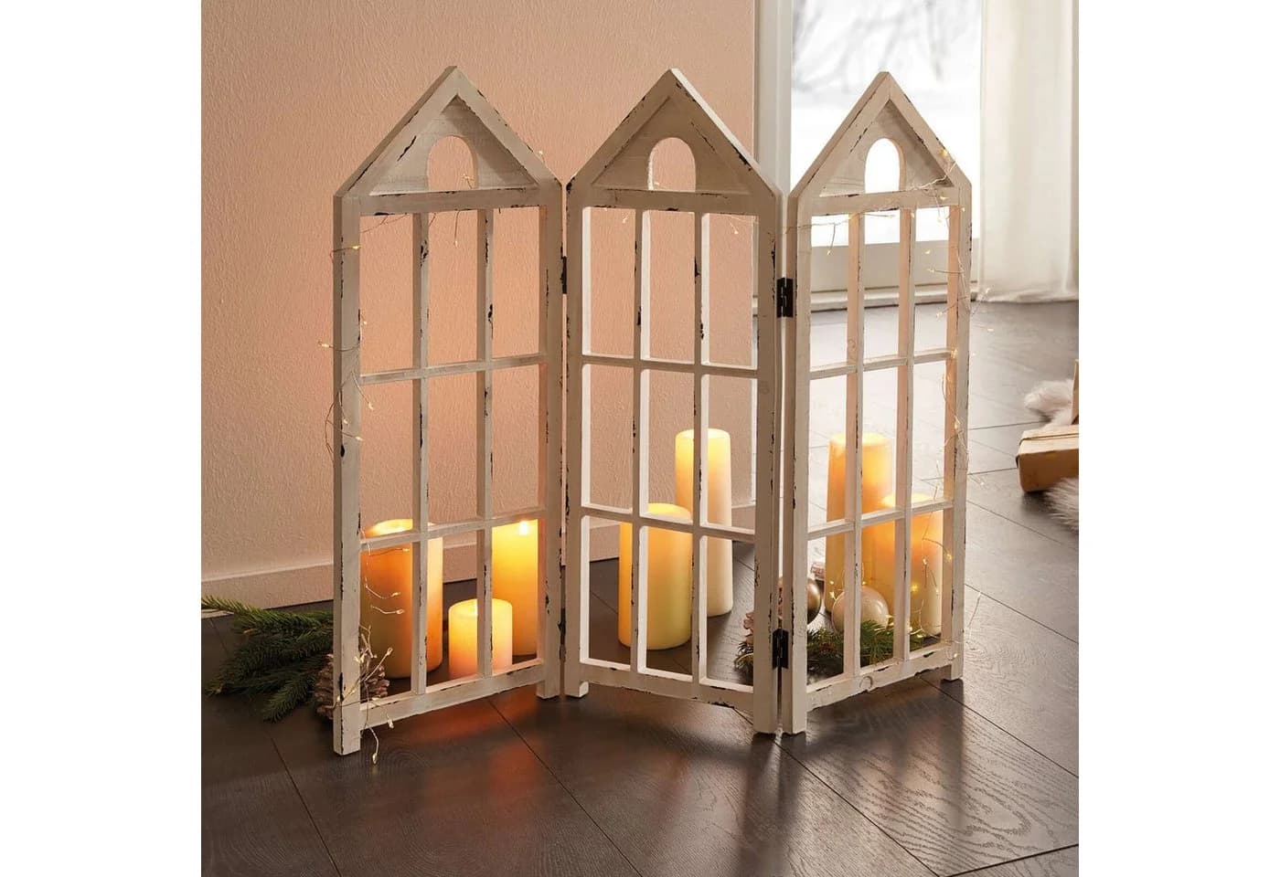 Dekoleidenschaft Paravent "Häuser" Deko aus Holz im Shabby Look, weiß, Mini Raumteiler, freistehend, 3 teilig