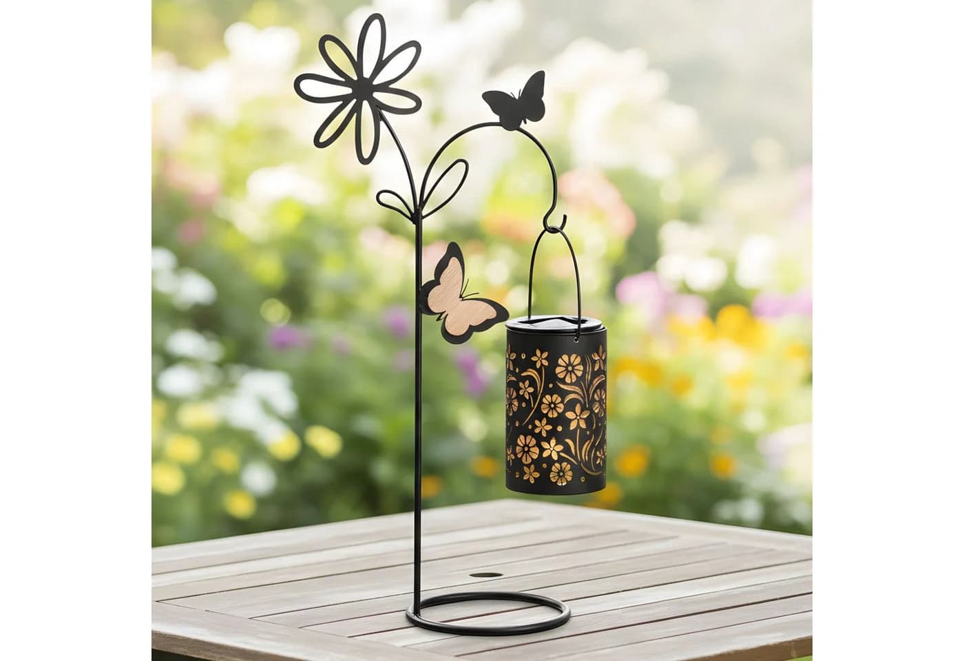 Dekoleidenschaft LED Laterne "Blüten" Solar Gartenlaterne Schwarz Metall