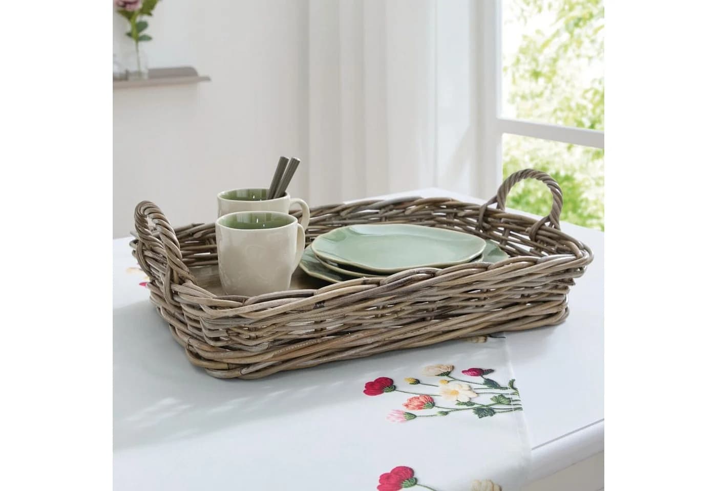 Dekoleidenschaft Tablett Koboo Grey Rattan Grau mit Griffen