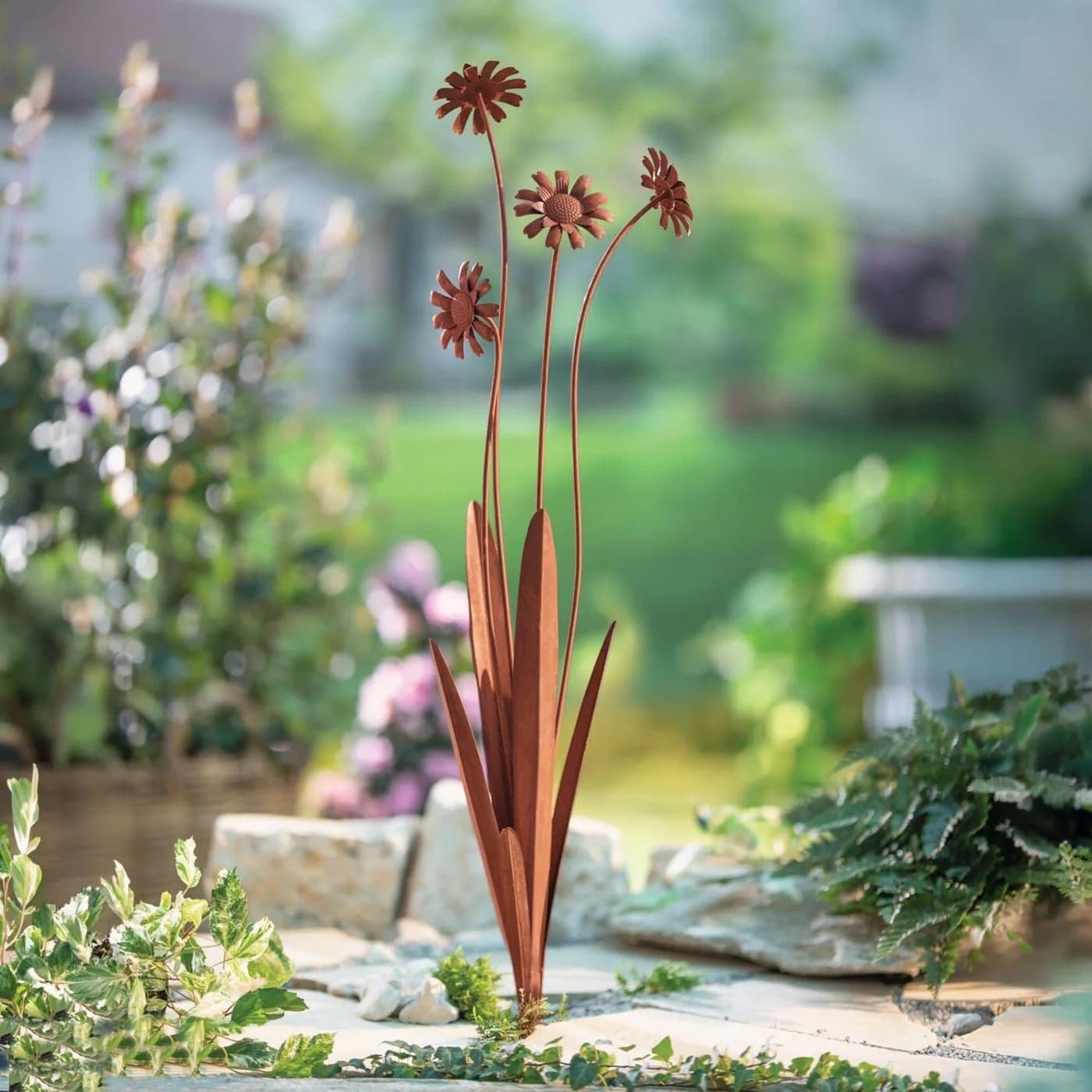 Dekoleidenschaft Gartenstecker Rostblumen Metall Braun 100 cm