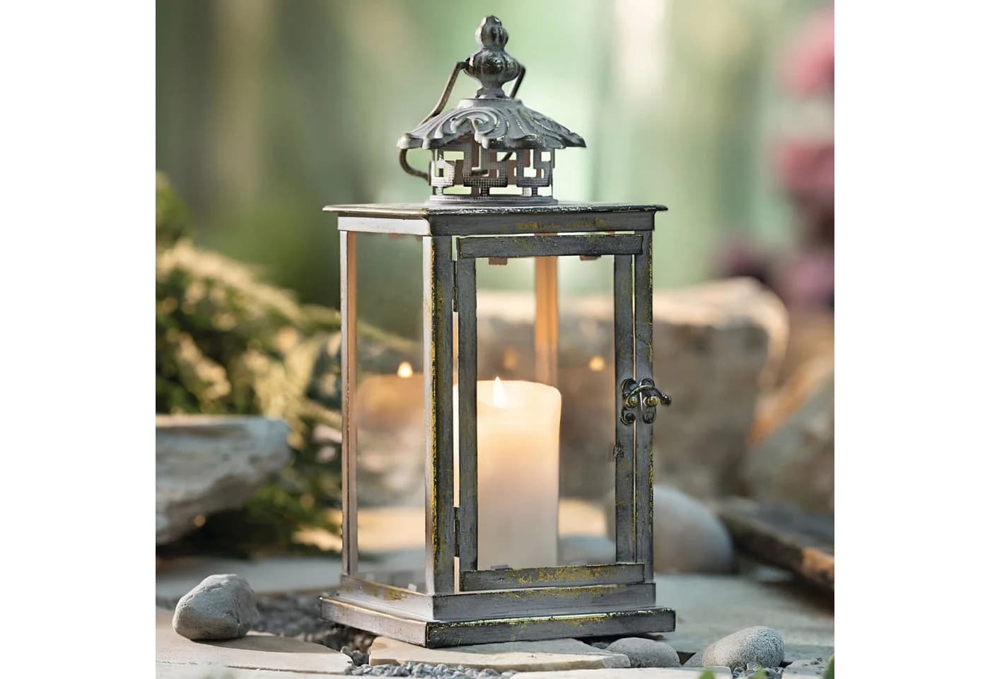 Dekoleidenschaft Kerzenlaterne "Antik" Metall & Glas grau gold