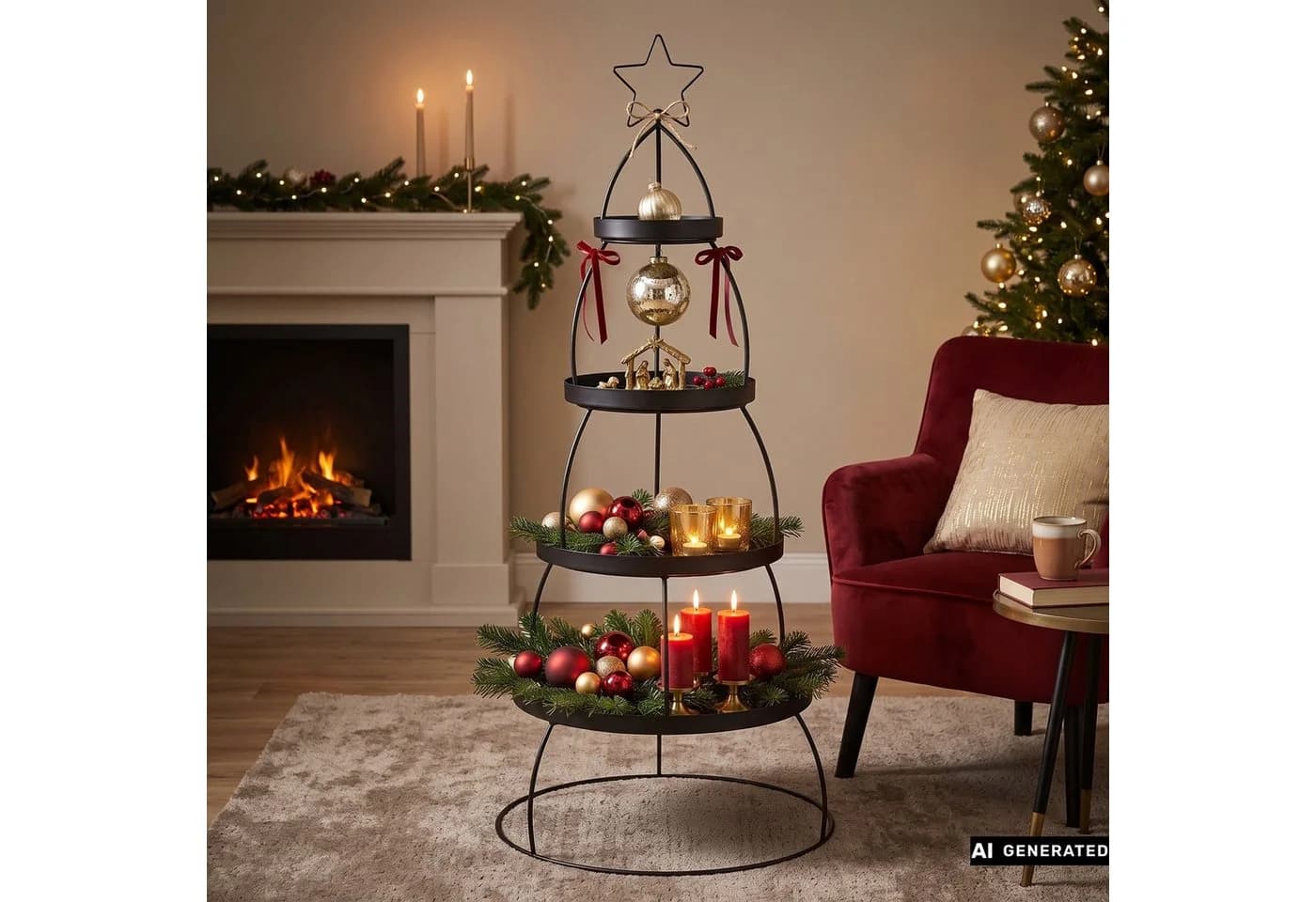 Dekoleidenschaft Etagere Tannenbaum Metall Schwarz 4 Etagen