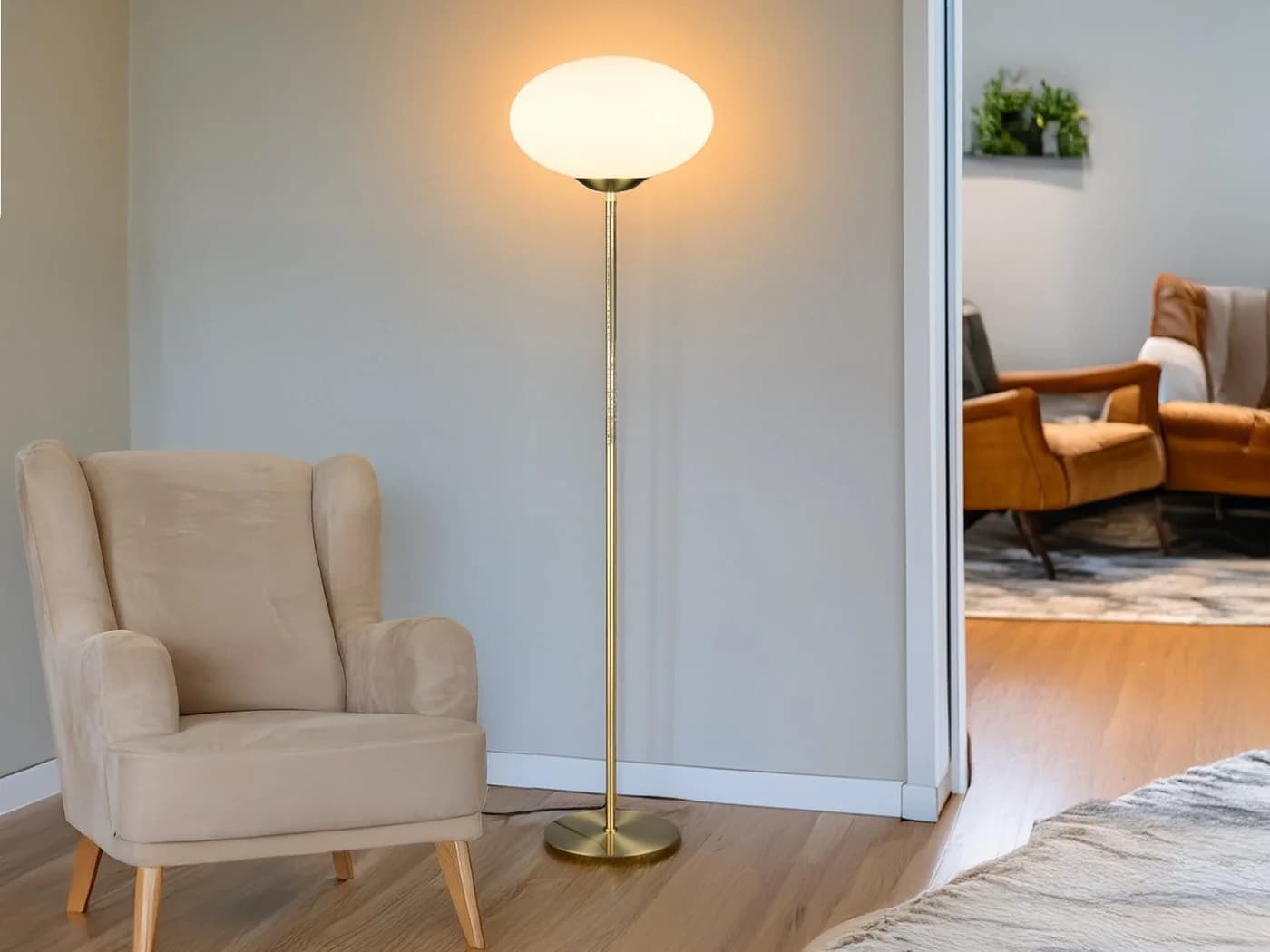 Trio Leuchten LED Stehlampe Dimmfunktion Opalglas Messing - Bild 5