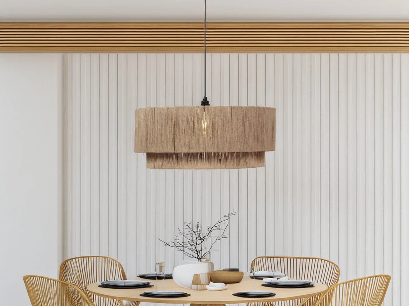 TRIO Leuchten LED Pendelleuchte Boho Jute Schwarz Dimmbar Ø 60cm