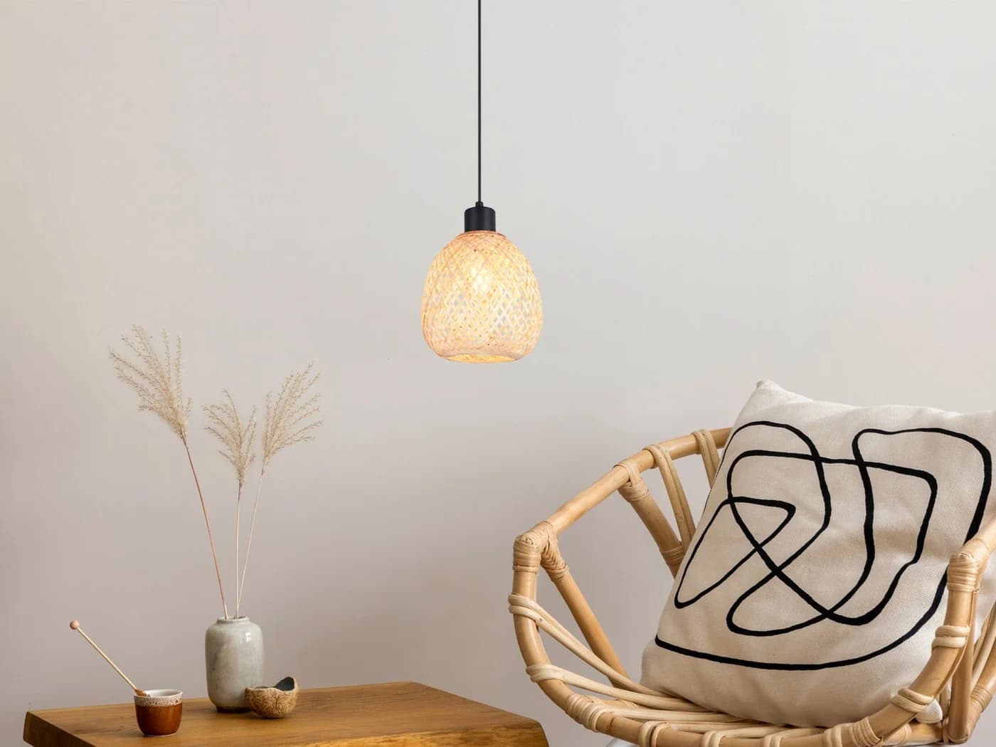 Reality Leuchten LED Pendelleuchte Bambus Dimmbar Warmweiß