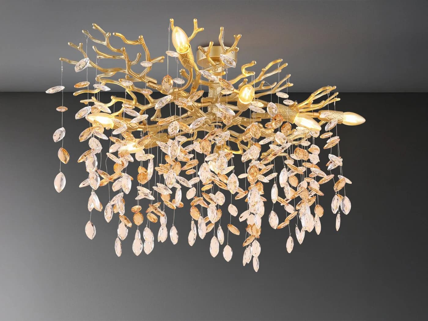 GLOBO LIGHTING LED Deckenleuchte mit Kristall 2-farbig, Breite 85cm, Dimmfunktion, LED wechselbar, Warmweiß, extravagante Deckenlampe in Zweigoptik