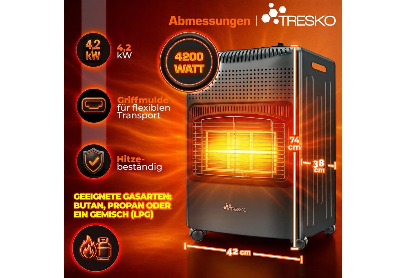 TRESKO Heizstrahler 4200 W Gasheizung Anthrazit