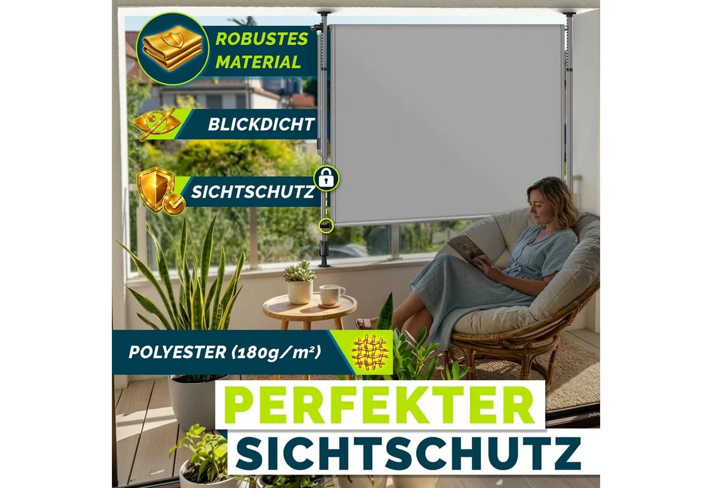 tillvex Klemmmarkise Grau Senkrechtmarkise Balkon ohne Bohren - Bild 3