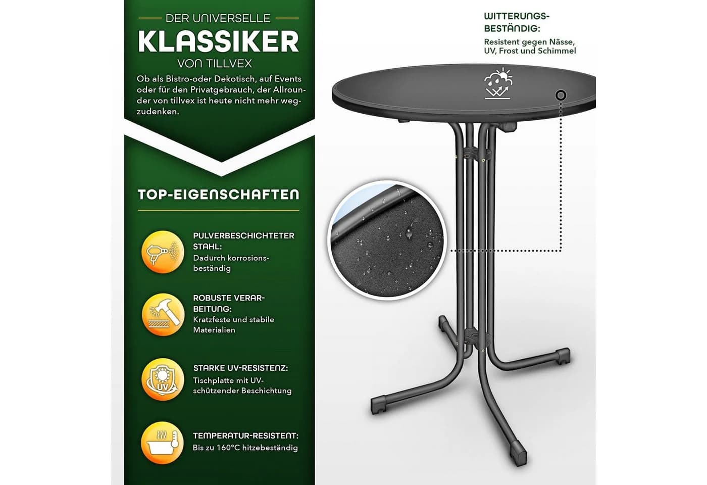 tillvex® Stehtisch klappbar Bistrotisch rund Partytisch Gartentisch