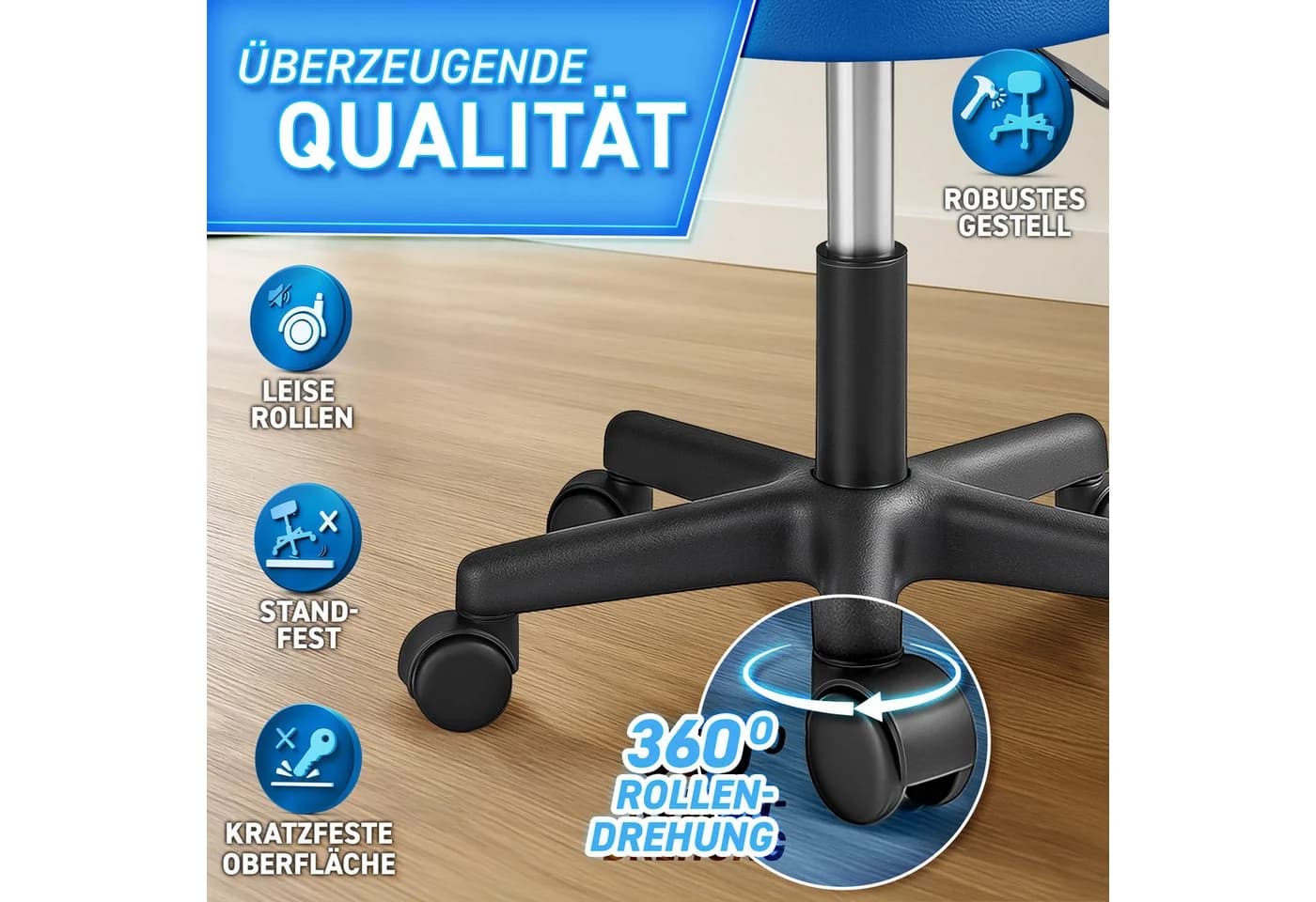 TRESKO Drehhocker Rollhocker höhenverstellbar, 10 cm Dicke Polsterung, Arbeitshocker 360° drehbar - Bild 3