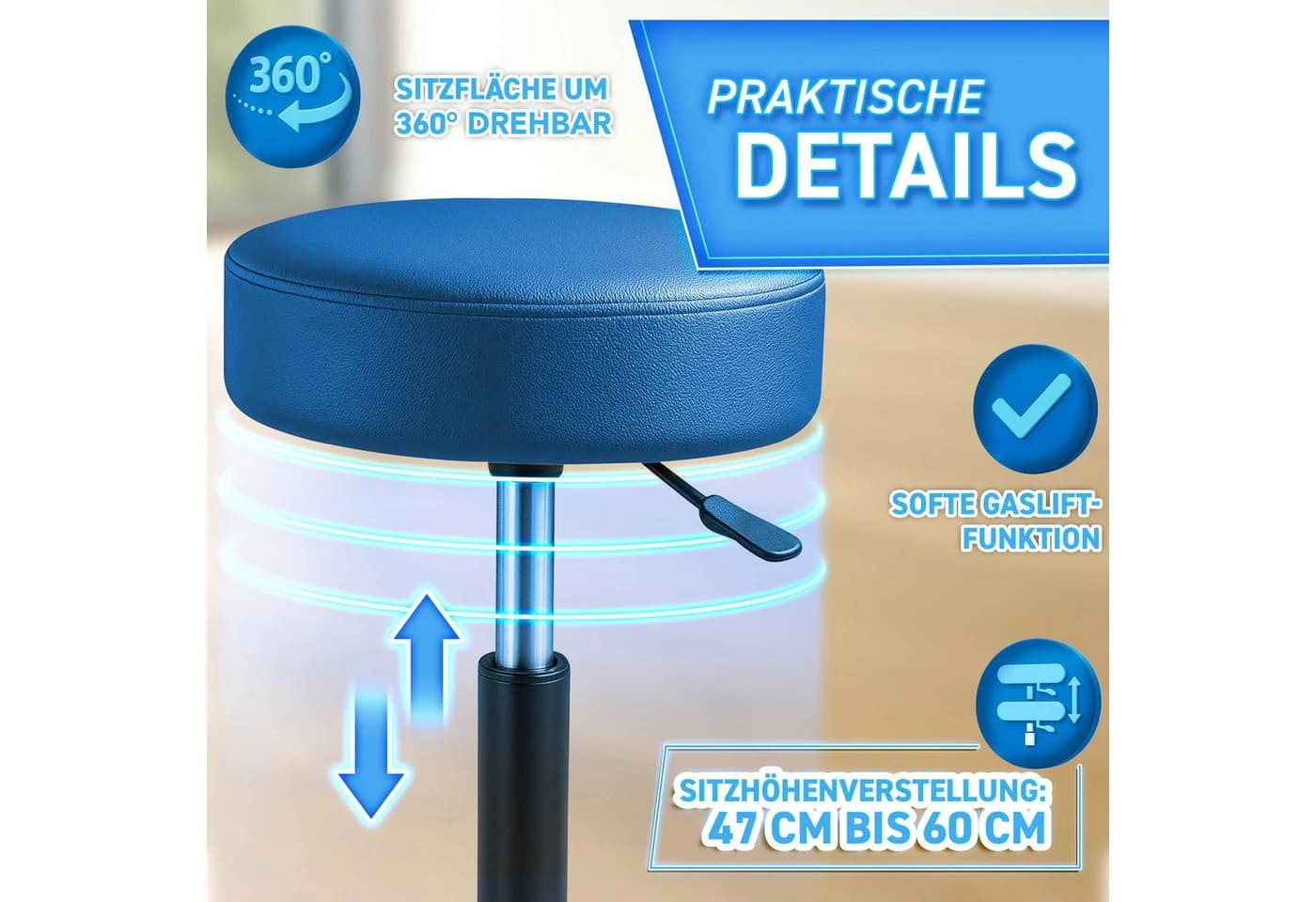 TRESKO Drehhocker Rollhocker höhenverstellbar, 10 cm Dicke Polsterung, Arbeitshocker 360° drehbar - Bild 4