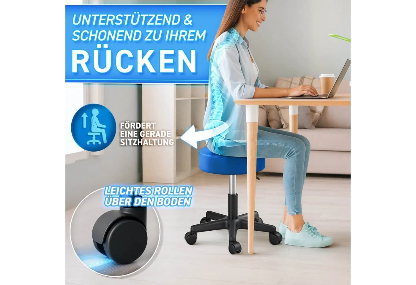 TRESKO Drehhocker Rollhocker höhenverstellbar, 10 cm Dicke Polsterung, Arbeitshocker 360° drehbar - Bild 5