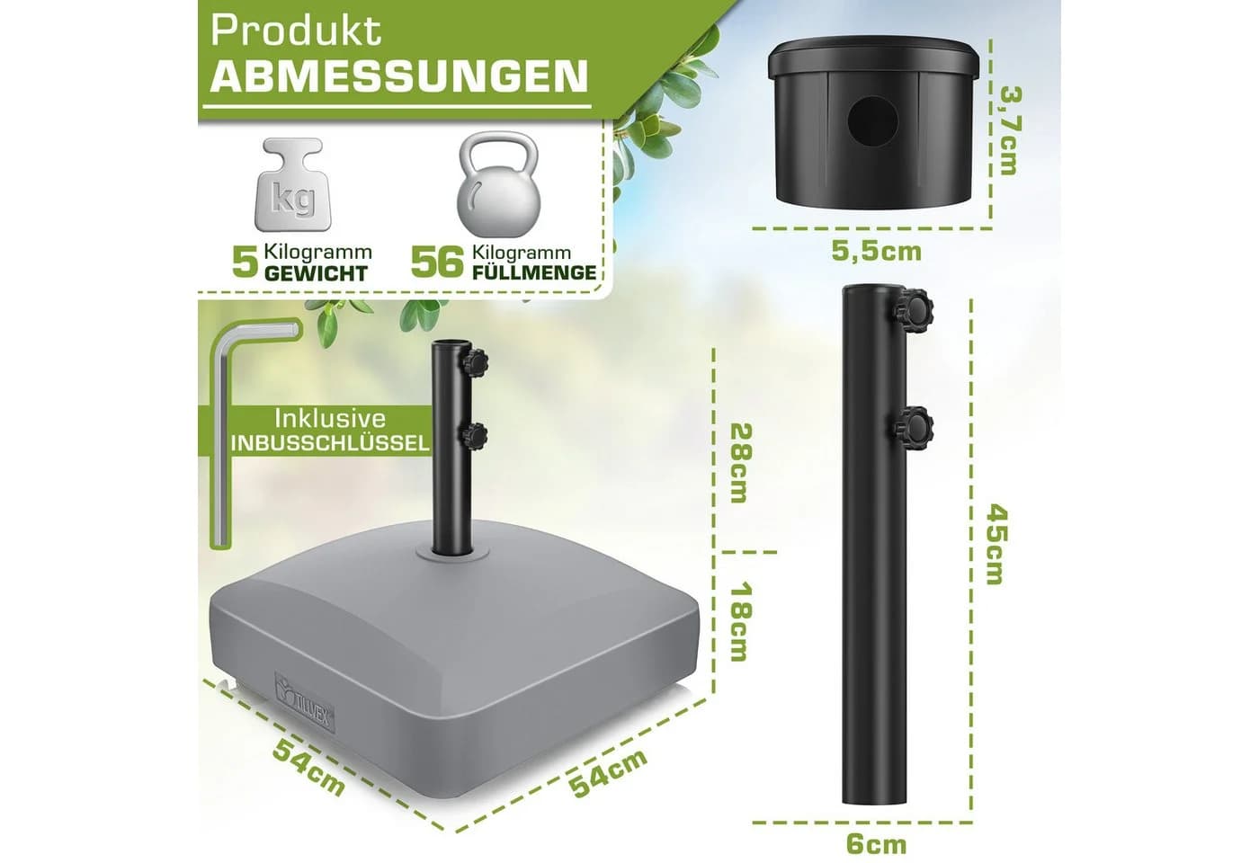 tillvex Sonnenschirmständer PAVERA rollbar 37L/56kg