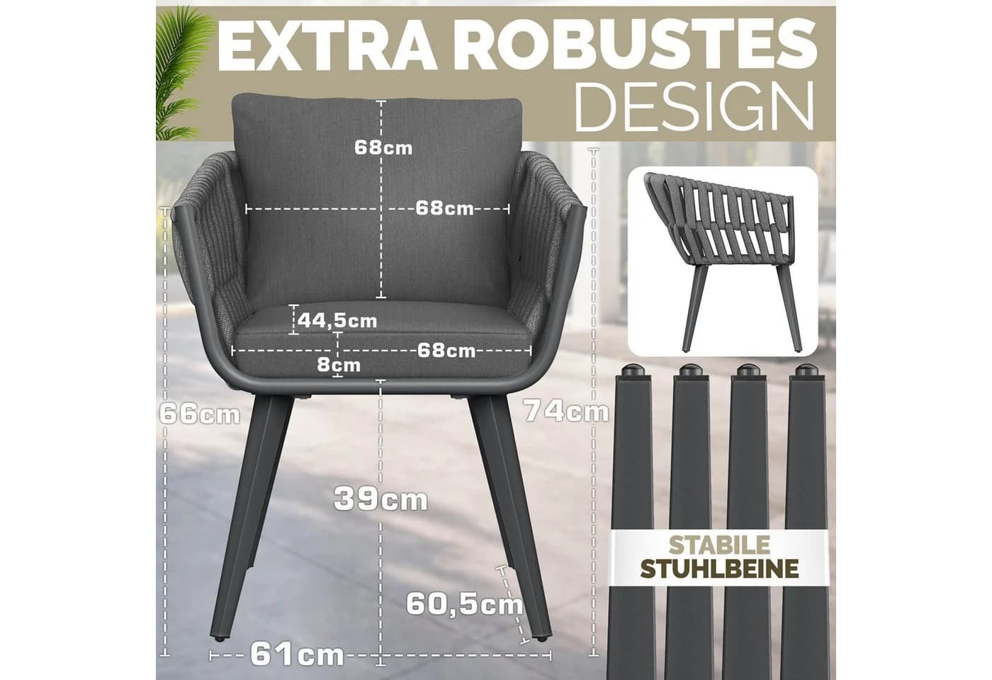 tillvex Gartenstuhl Set 2-tlg. Grau Aluminium Rope Design