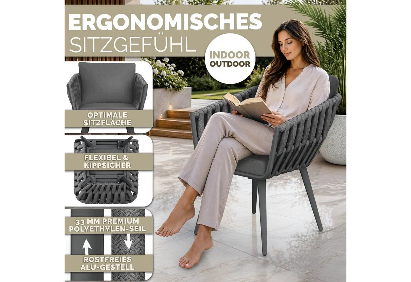 tillvex Gartenstuhl Set 2-tlg. Grau Aluminium Rope Design - Bild 3