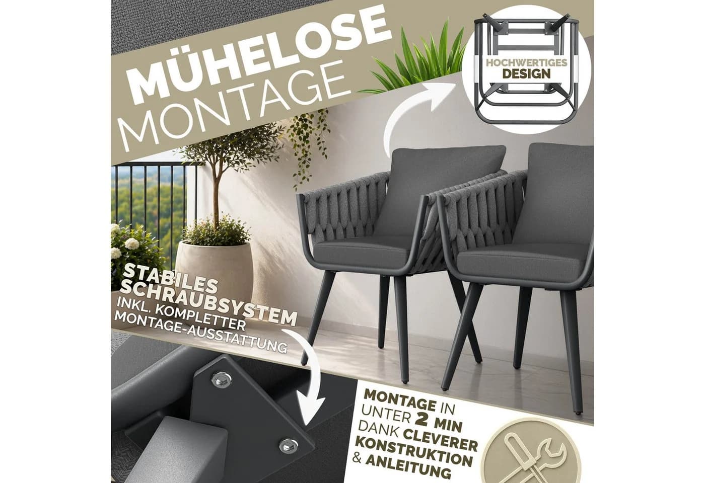 tillvex Gartenstuhl Set 2-tlg. Grau Aluminium Rope Design - Bild 4