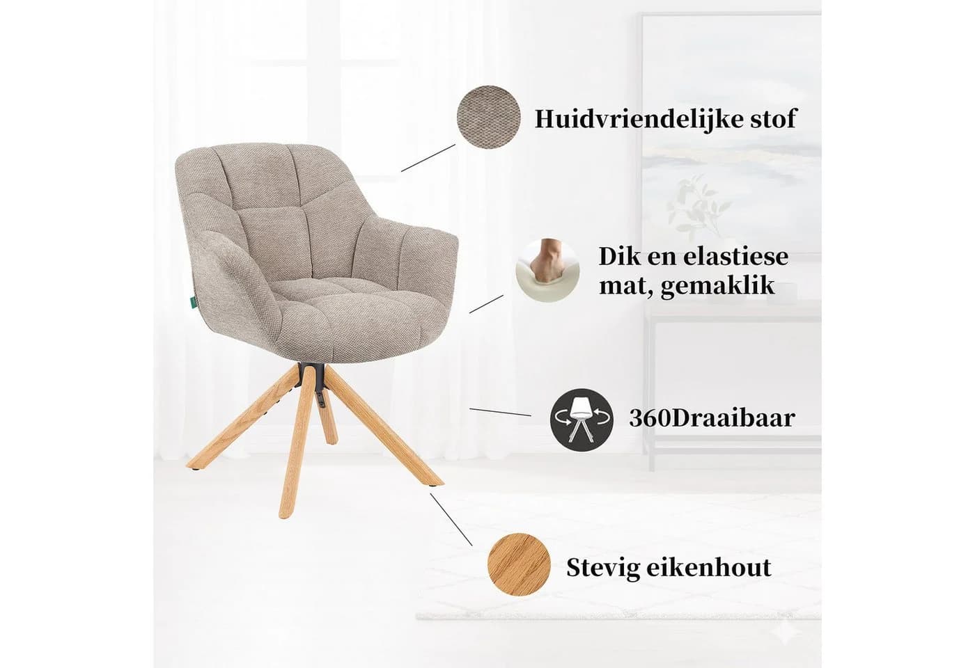 DUBI Möbel Polsterstuhl Mika-Nea Eiche geölt Beige 360° drehbar - Bild 5