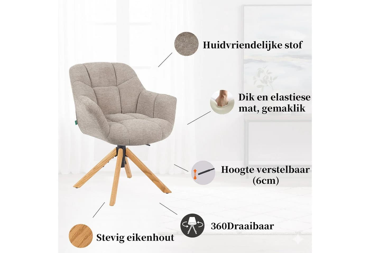 DUBI Möbel Polsterstuhl Mika-Nea Eiche geölt höhenverstellbar 2er-Set Beige - Bild 5