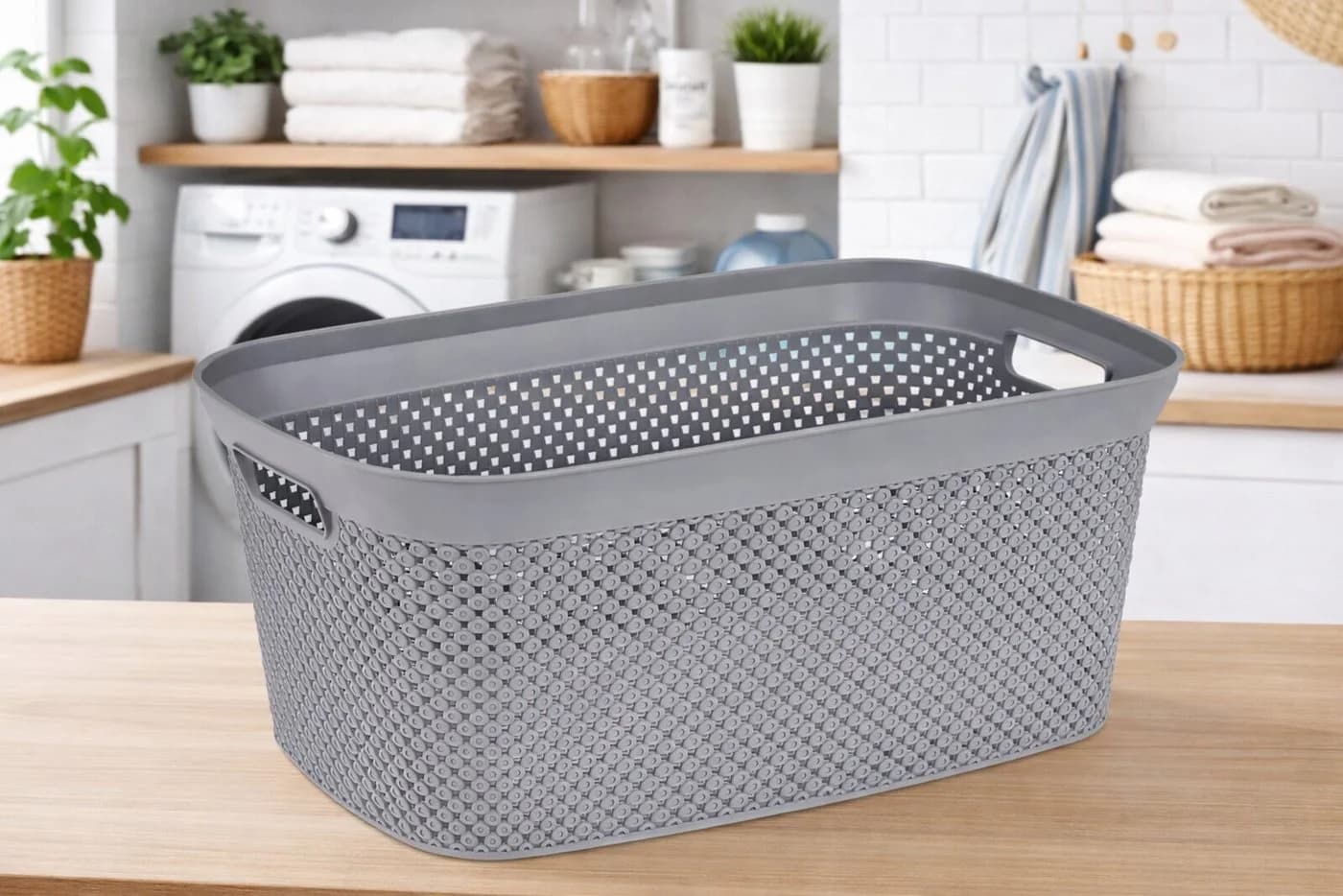 Ebaxx Wäschekorb Grau Weiß 35L Kunststoff Rattan Optik - Bild 2