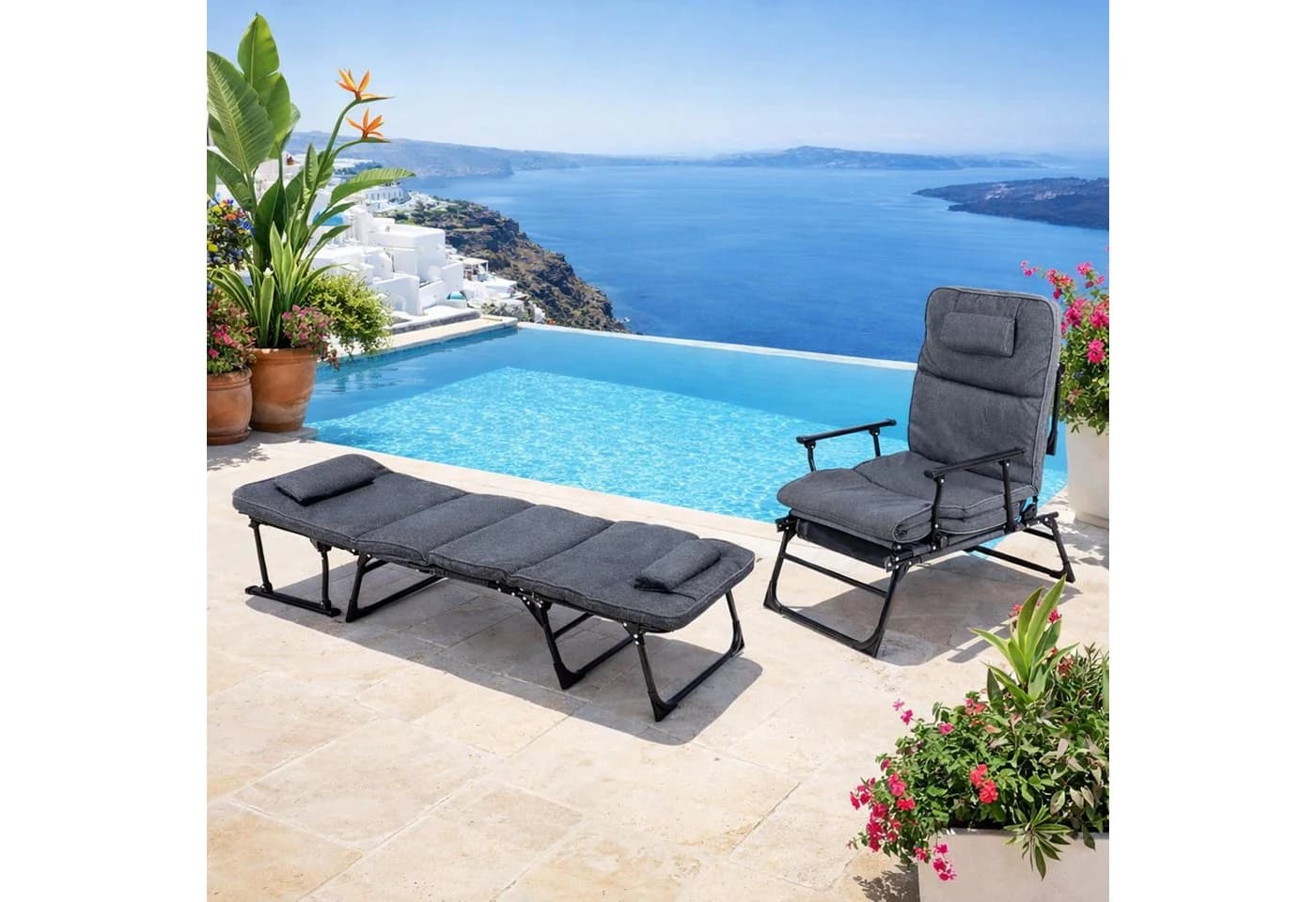 Mojawo 2-in-1 Gartenliege Relaxsessel Anthrazit mit Polster