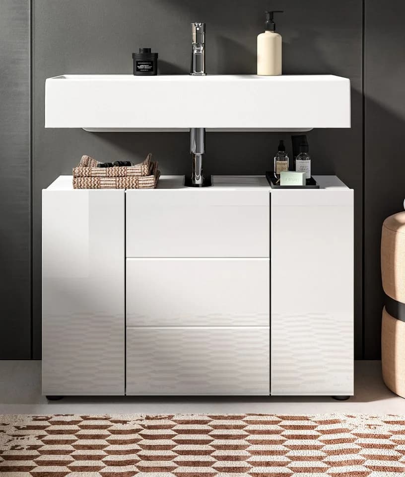 Inn.Furn Waschbeckenunterschrank Larik Weiß Hochglanz Modern