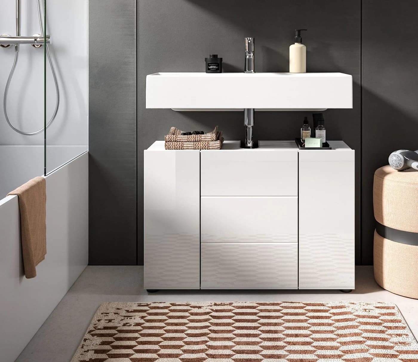 Inn.Furn Waschbeckenunterschrank Larik Weiß Hochglanz Modern - Bild 5