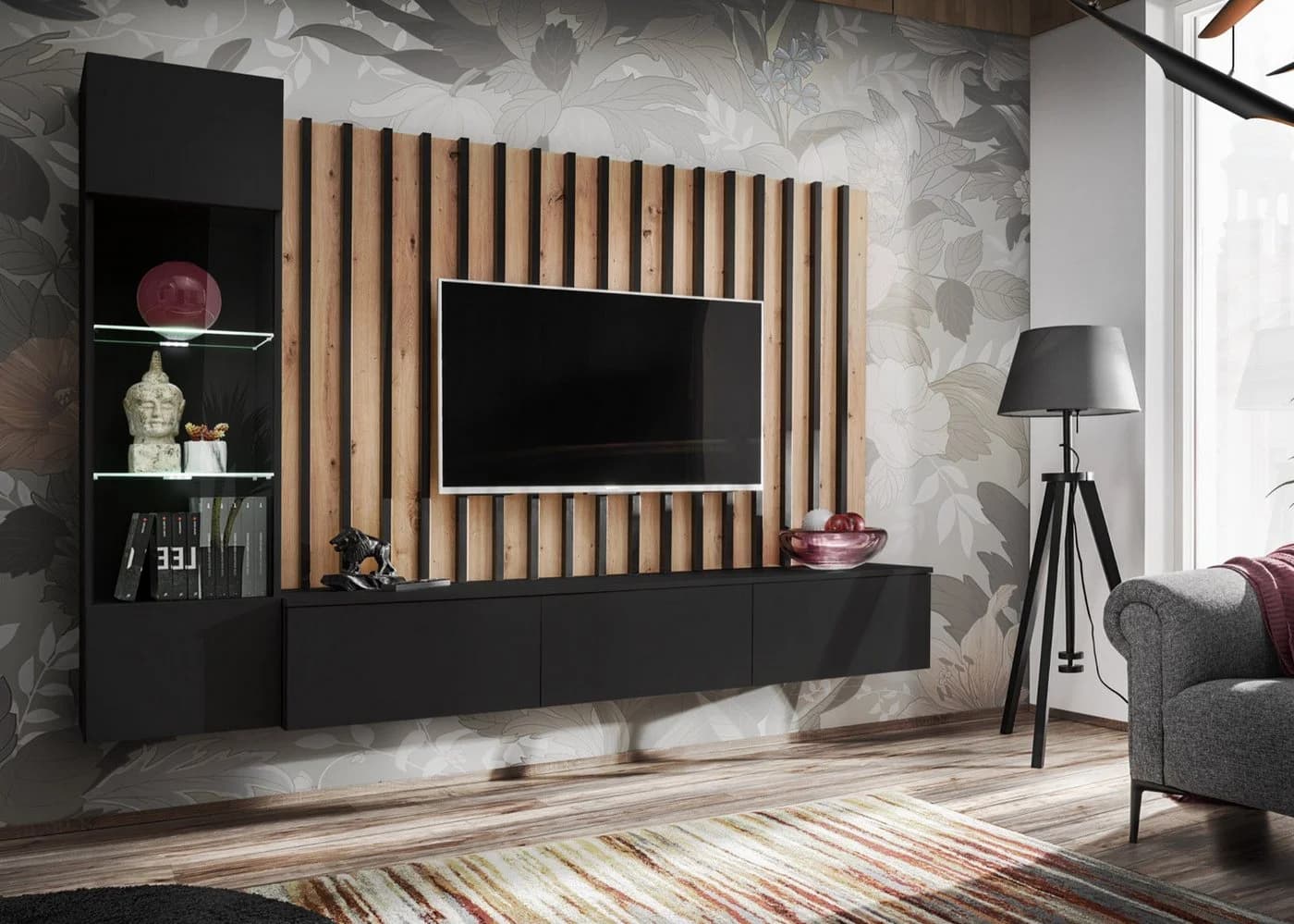 Furn.Design Wohnwand Pearl, Mediawand in Schwarz mit Artisan Eiche, 3-teilig, 220 x 190 cm, Push-To-Open, inkl. LED Beleuchtung