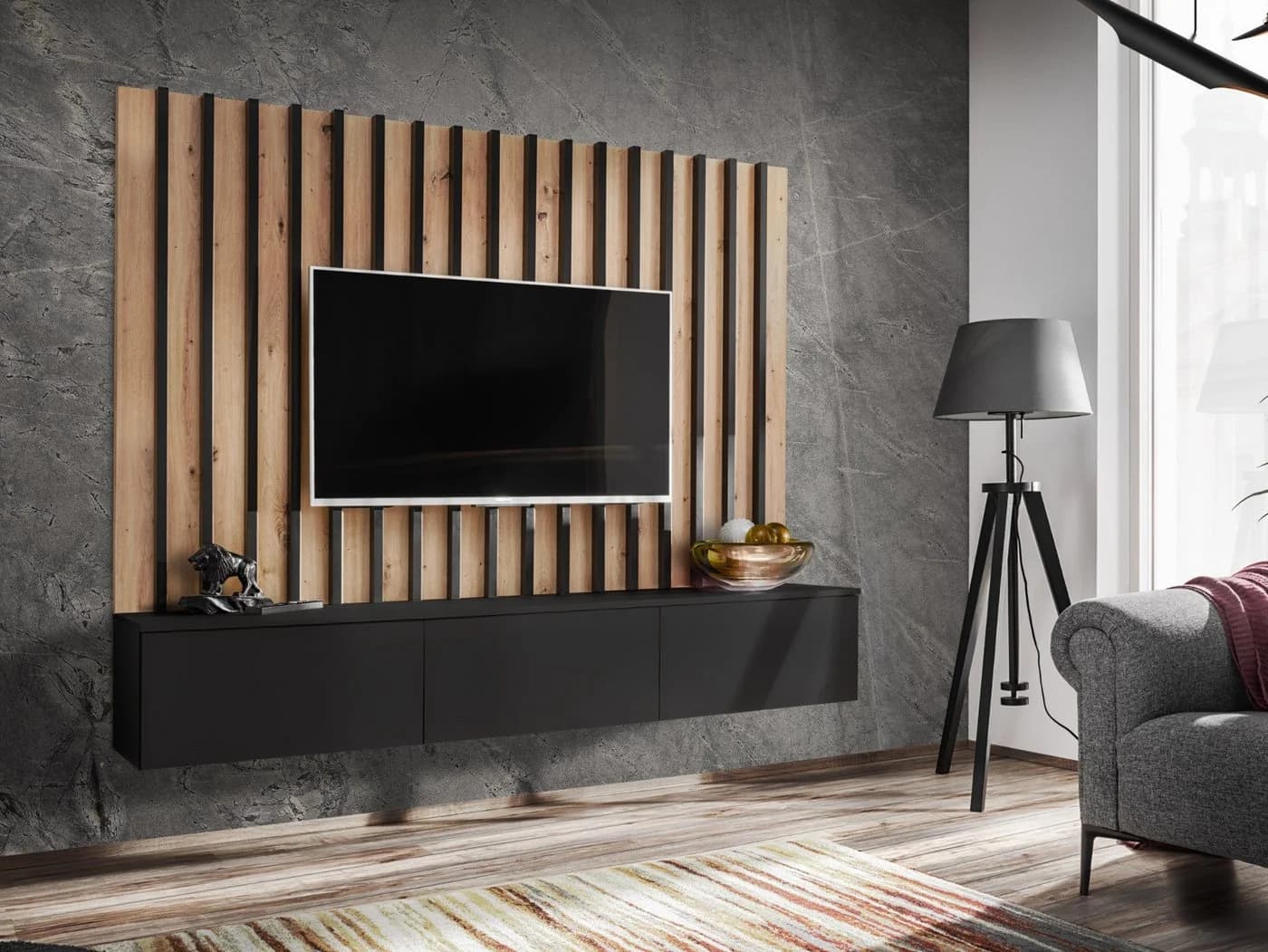 Furn.Design Lowboard Pearl Set Schwarz Eiche Push-to-Open