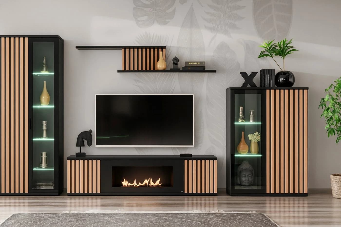 Furn.Design Wohnwand Morgan Schwarz Matt mit Eiche Lamellen und Kamin