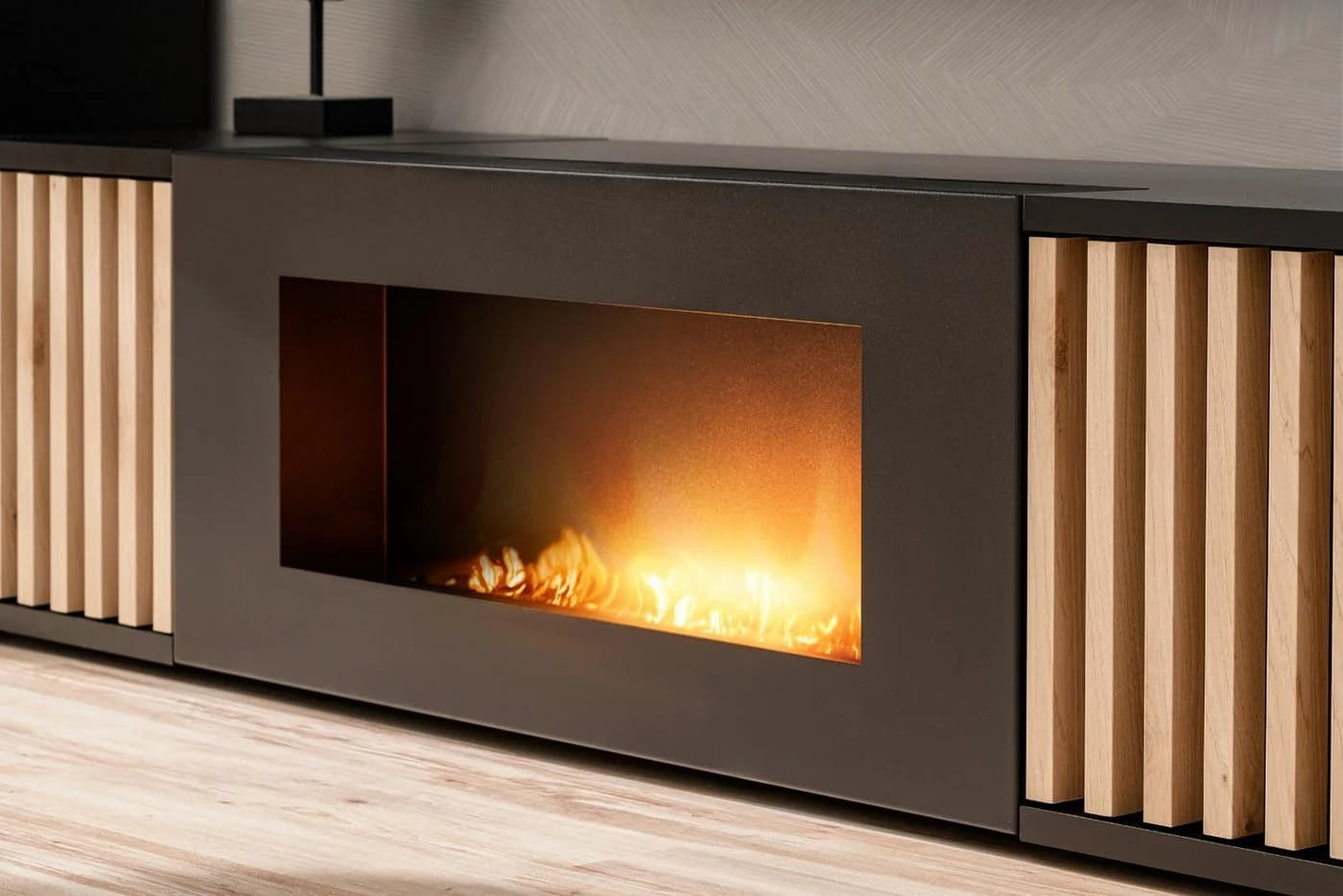 Furn.Design Wohnwand Morgan Schwarz Matt mit Eiche Lamellen und Kamin - Bild 3