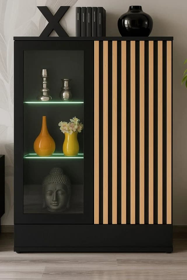 Furn.Design Vitrine Morgan Hohe Kommode in Schwarz mit Eiche Lamellen