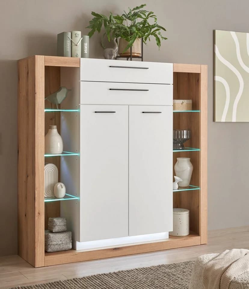 Furn.Design Highboard Rivian Weiß Matt Eiche Dekor