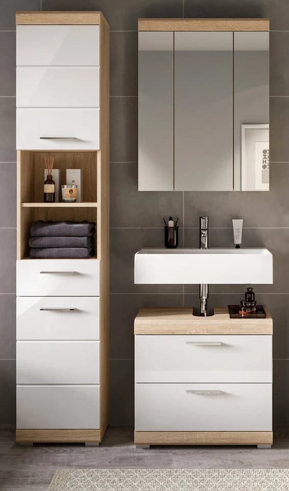 Inn.Furn Badmöbel-Set Mambo 3-teilig Weiß Hochglanz Eiche