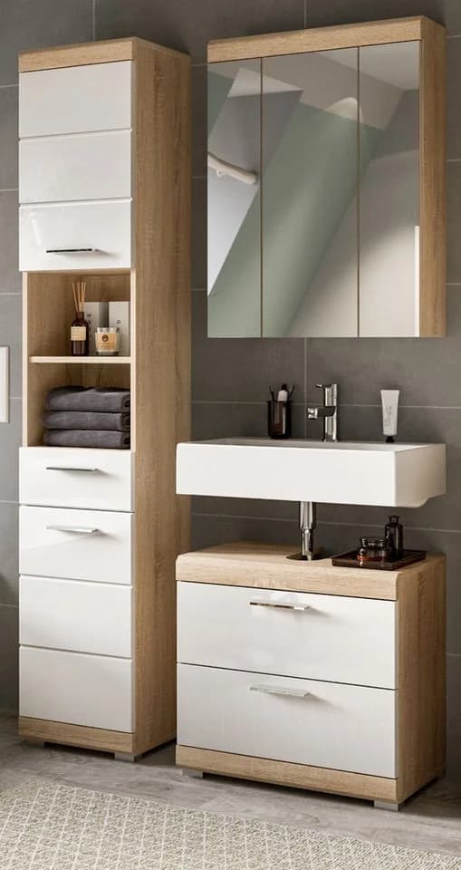 Inn.Furn Badmöbel-Set Mambo 3-teilig Weiß Hochglanz Eiche - Bild 2