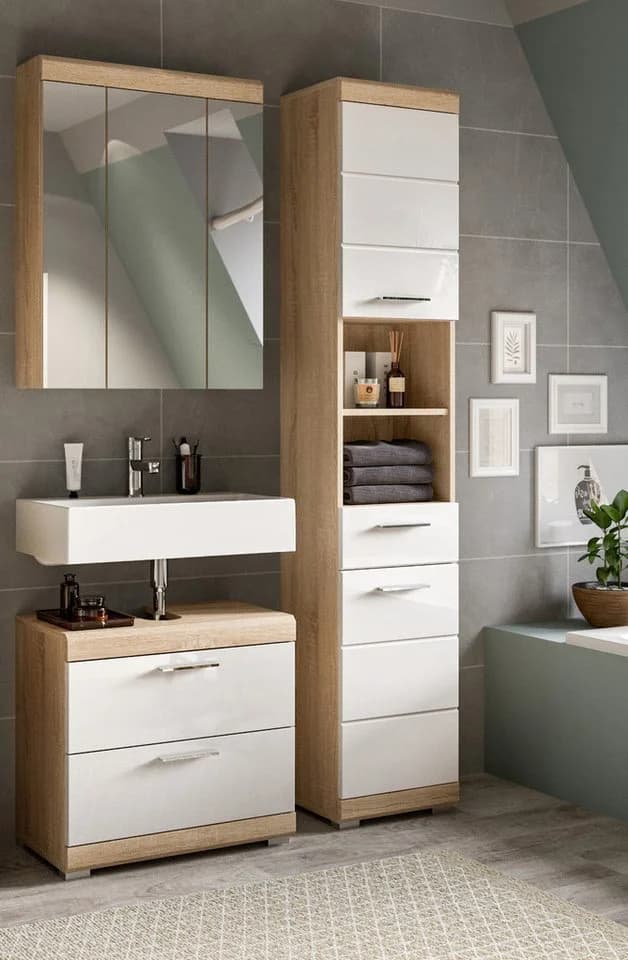 Inn.Furn Badmöbel-Set Mambo 3-teilig Weiß Hochglanz Eiche - Bild 3