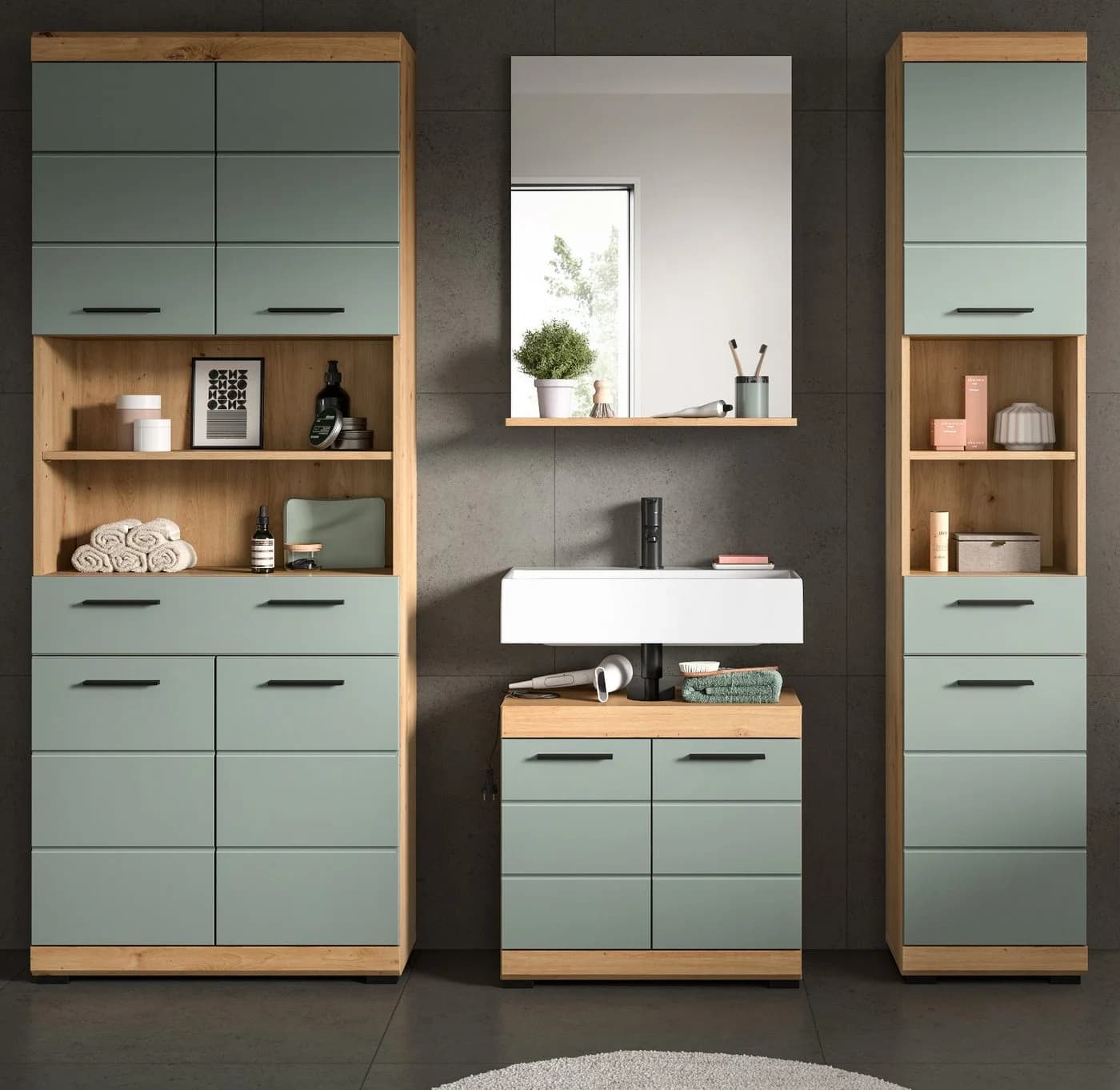 Inn.Furn Badmöbel-Set Shawn 4-teilig Salbei Grün Artisan Eiche