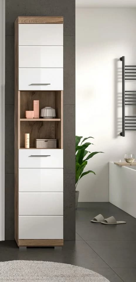 Inn.Furn Hochschrank Willow Weiß Hochglanz Eiche Dekor 2-Türig - Bild 5