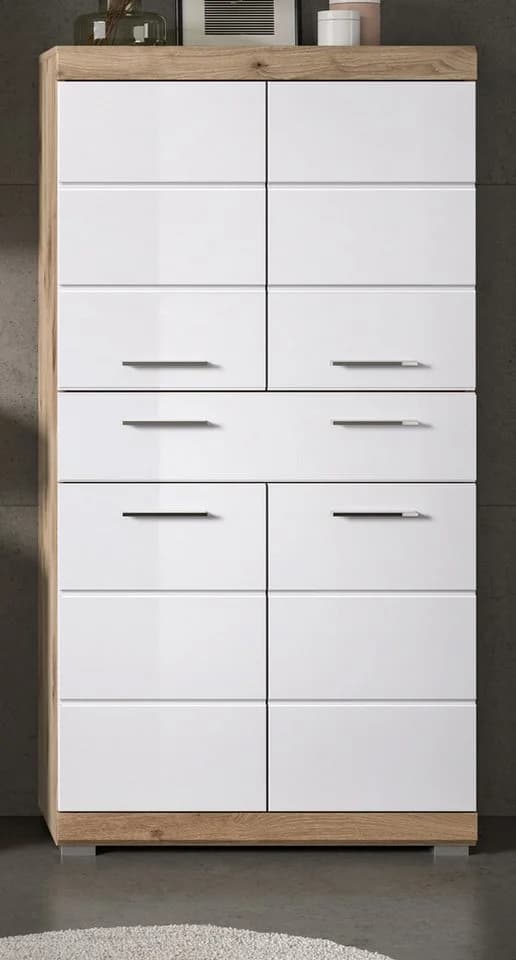 Inn.Furn Midischrank Willow Badschrank Weiß Hochglanz Eiche Dekor 4-türig 74 x 141 cm