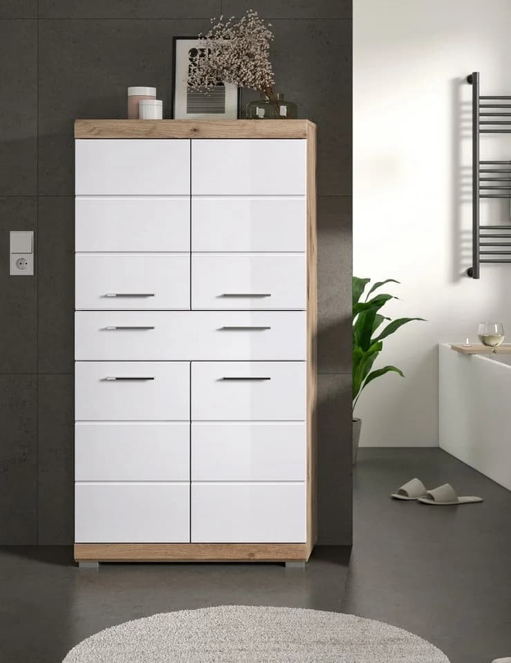 Inn.Furn Midischrank Willow Badschrank Weiß Hochglanz Eiche Dekor 4-türig 74 x 141 cm - Bild 5